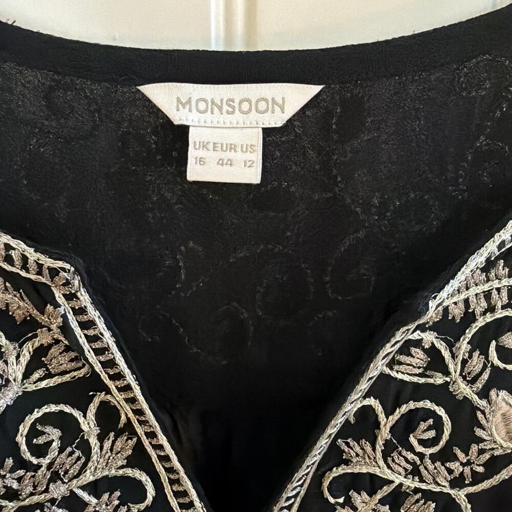 Monsoon Black Chiffon Silver Thread Peacock Floral Maxi Dress Boho Size 12 - Picture 3 of 13